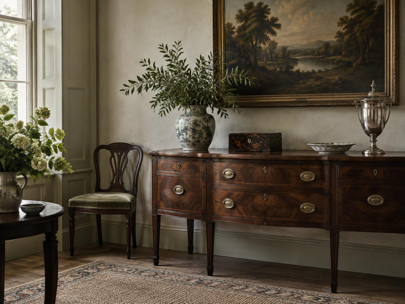Antique furniture, painting, ceramics and silver in a period interior